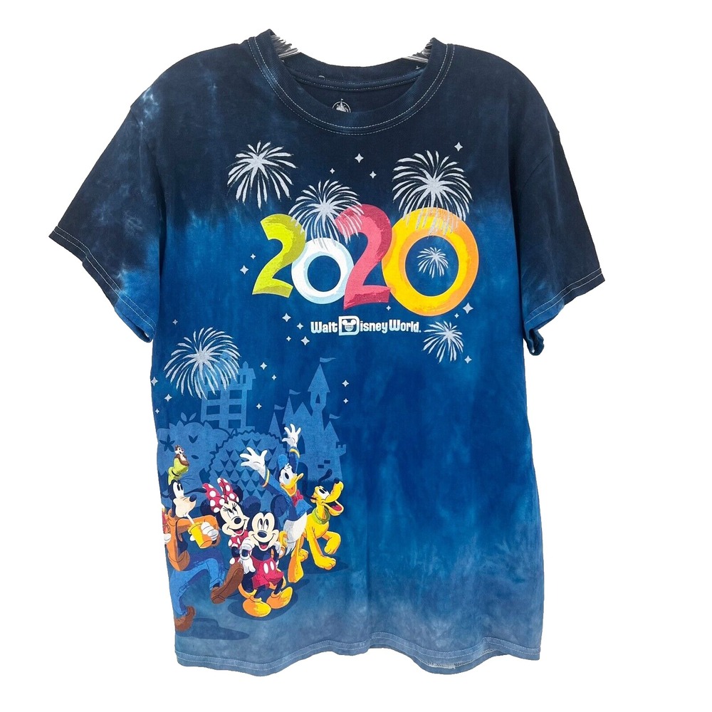 WALT DISNEY WORLD Adult Sz M Blue Tie-Dye 2020 Mickey Pluto Donald Goofy T-Shirt